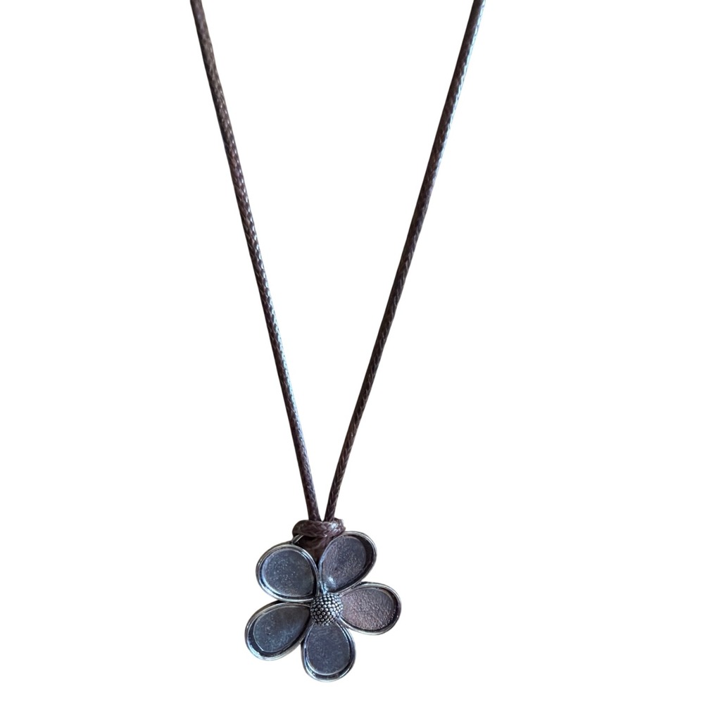 Silver Tone Flower Pendant Necklace Brown‎ Waxed Cord Boho Floral Botanical